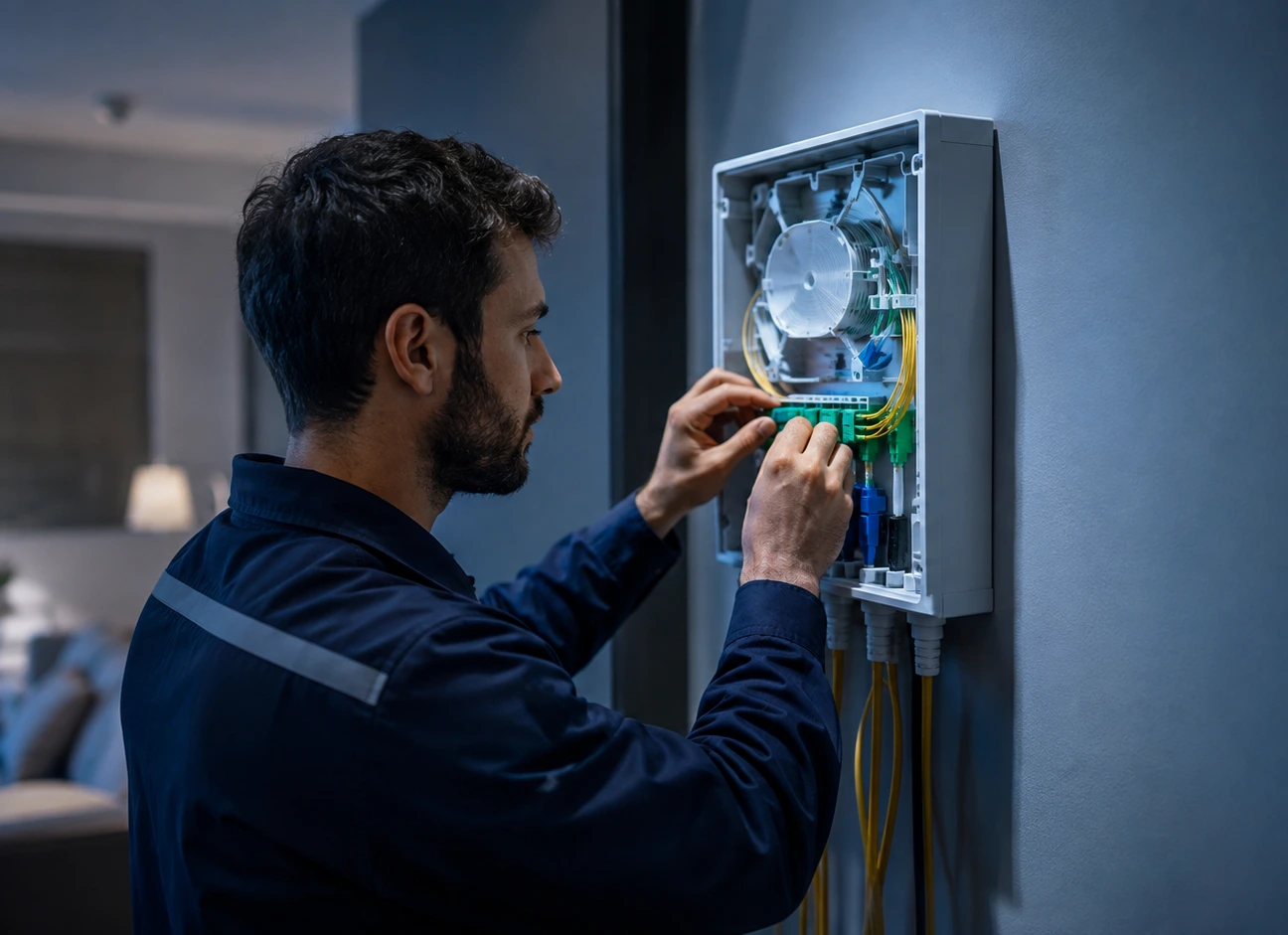 Technicien réalisant une intervention technique sur une installation